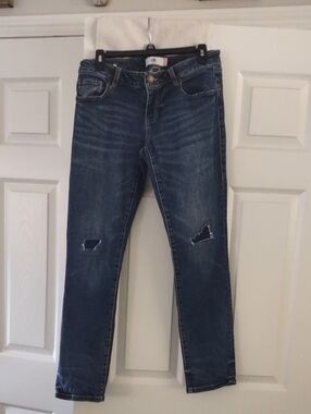 cabi Dark Blue Distressed Slim Boyfriend Jeans With Patches Size 4